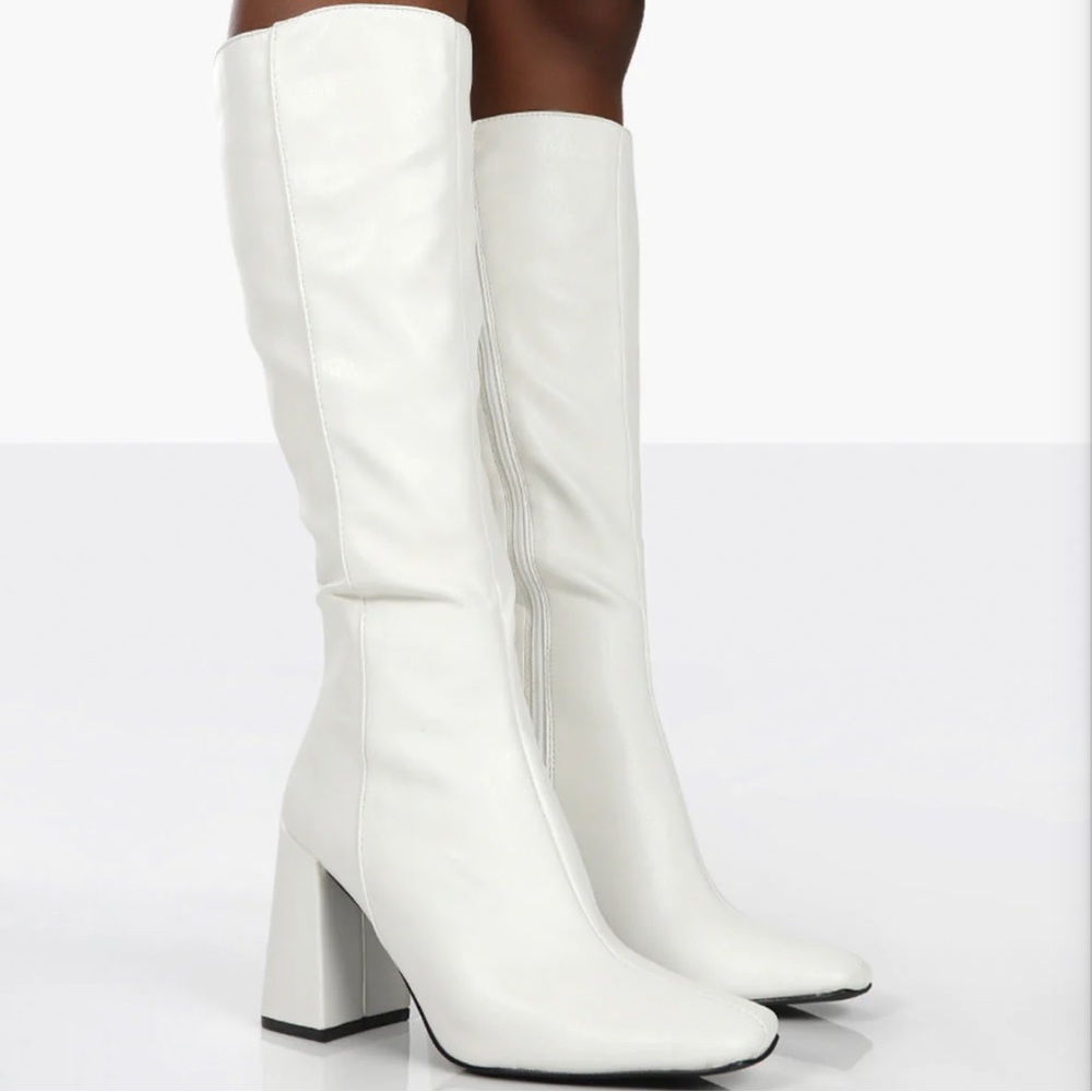 Public Desire White PU Knee High Block Heel Boots